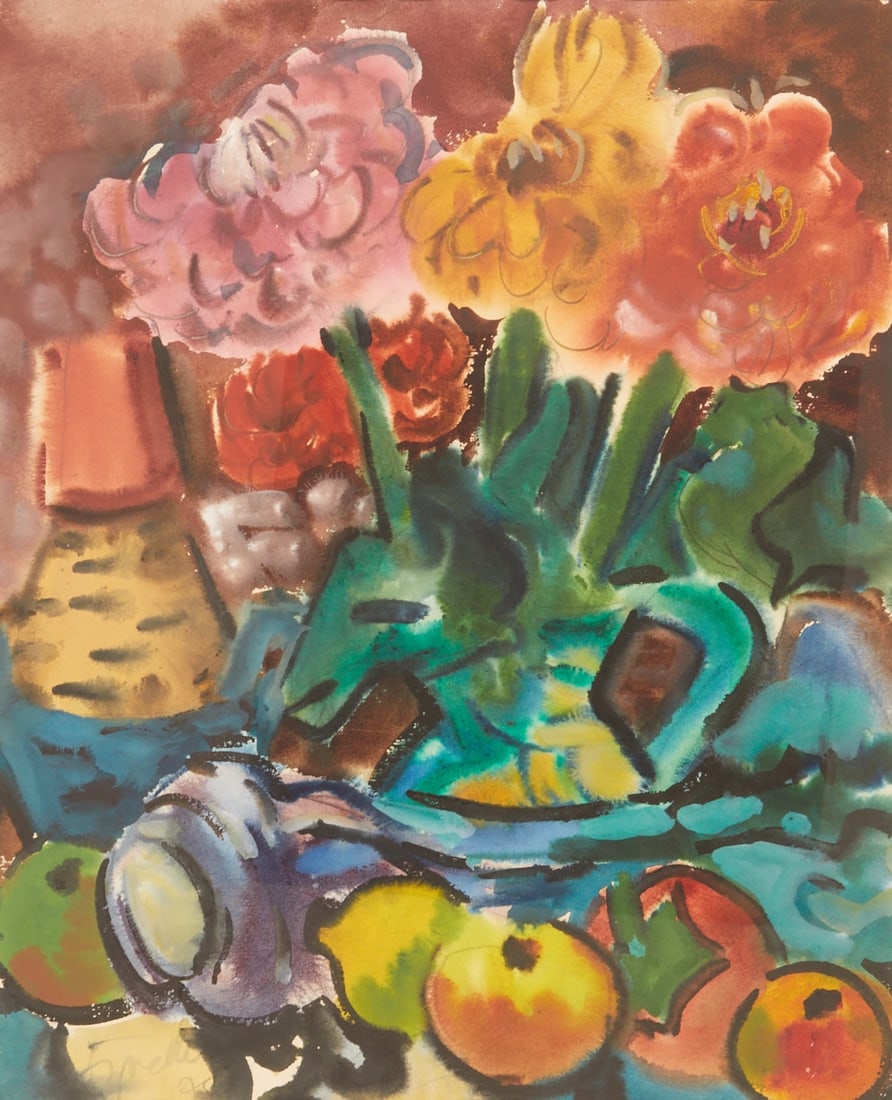 Rudolf Bredow: Rudolf Bredow 1909 Berlin - 1973 Nienburg - Still life with flowers and fruits - watercolor/paper. 58.5 x 47.5 cm, 81 x 61 cm (dimensions with frame). Signed and dated lower left: Bredow (19)70.