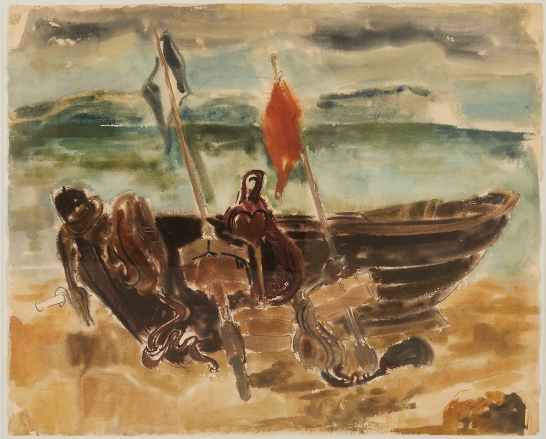 Rudolf Bredow: Rudolf Bredow 1909 Berlin - 1973 Nienburg - Boat with Armor - watercolor/paper. 48.5 x 60 cm, 75.5 x 86 cm (dimensions with frame). Signed lower right: R. Bredow. Passe-partout. Framed under glass.