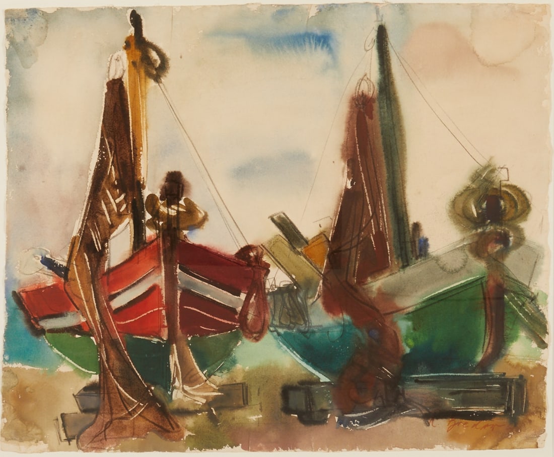 Rudolf Bredow: Rudolf Bredow 1909 Berlin - 1973 Nienburg - Boats - watercolor/paper. 49 x 60 cm, 83.5 x 94.5 cm (dimensions with frame). Signed lower right: R. Bredow. Passe-partout. Framed under glass. Minor