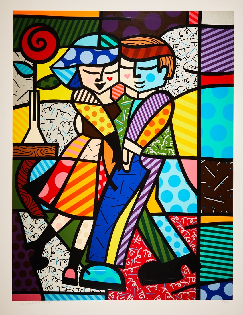 Romero Britto: Romero Britto 1963 Recife (Brazil) - "Cheek to cheek" - color serigraph/paper. 274/300. 107 x 81 cm, 130.5 x 105 cm (dimensions with frame). Signed lower left: Romero Britto. Framed under