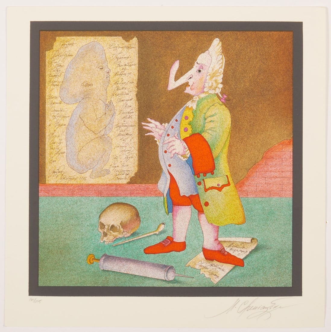 Michail Chemiakin: Michail Chemiakin 1943 Moscow - "Street Doctor" (sheet from the series "Carnival of Saint Petersburg" 1978) - color lithograph/paper. 161/275. 29.5 x 29.5 cm, 34.5 x 34.5 cm.