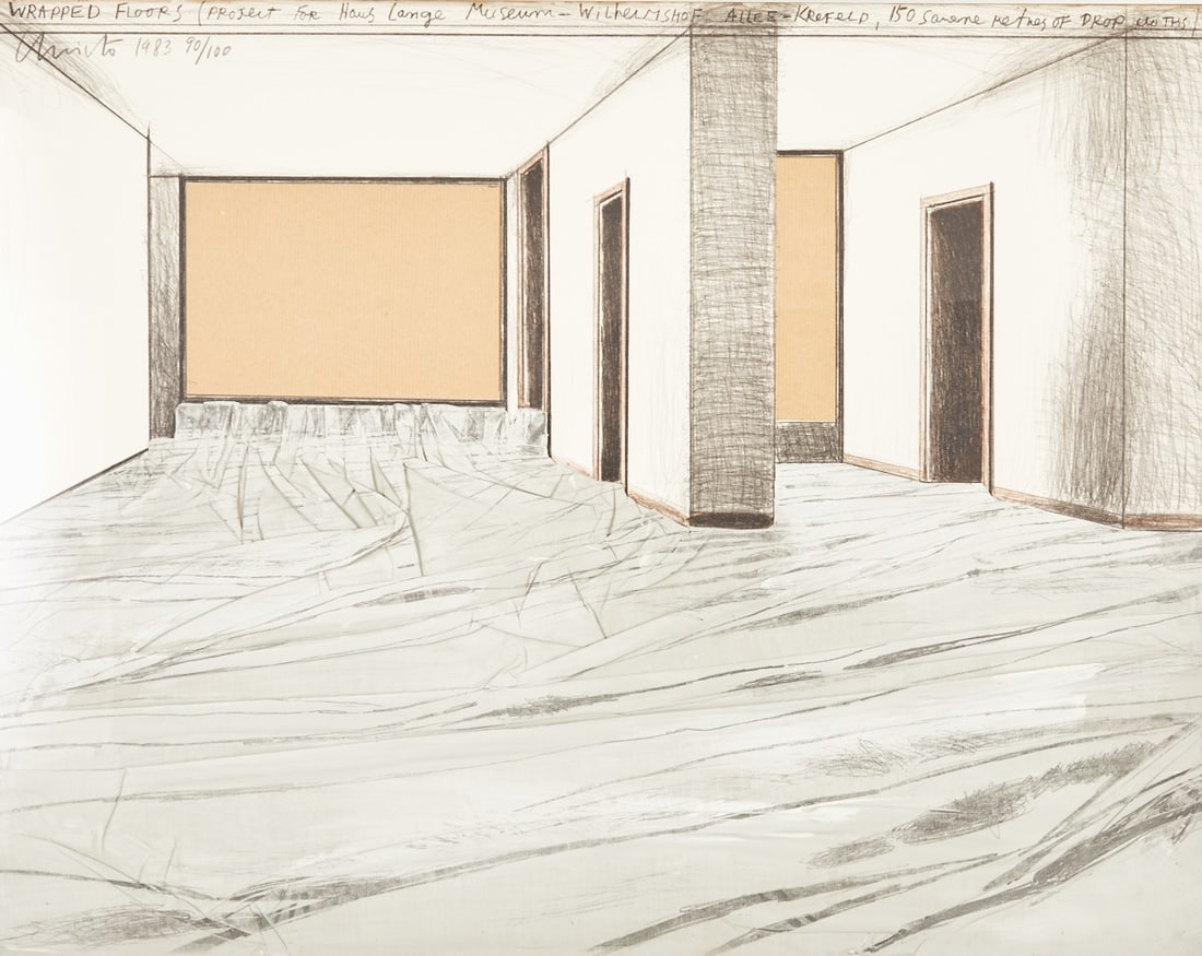Christo: Christo 1935 Gabrovo - 2020 New York City - "Wrapped Floors, Project for Haus Lange Museum, Krefeld" - (1983) color lithograph and collage/paper. 90/100. 56.5 x 72 cm (visible dimensions). 5