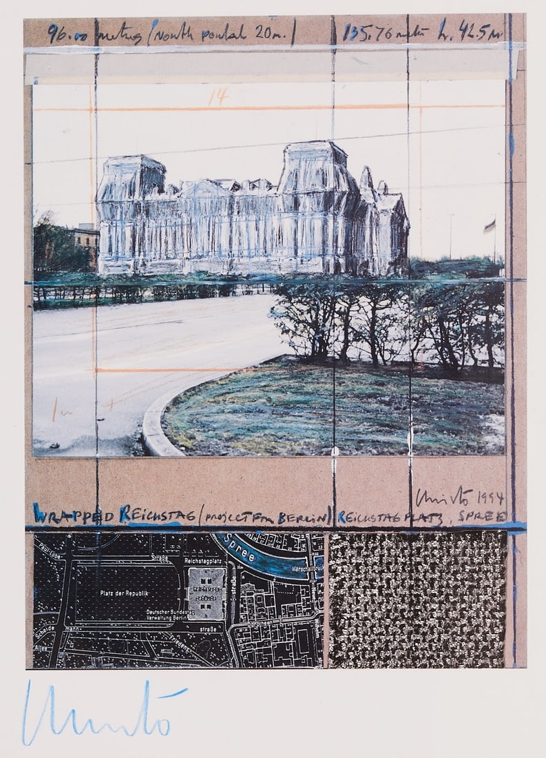 Christo: Christo 1935 Gabrovo - 2020 New York City - "Wrapped Reichstag" - Color offset and textile imitation print/paper. 27.8 x 21.4 cm (dimensions), 39.4 x 29.5 cm (visible dimensions). 41 x 32