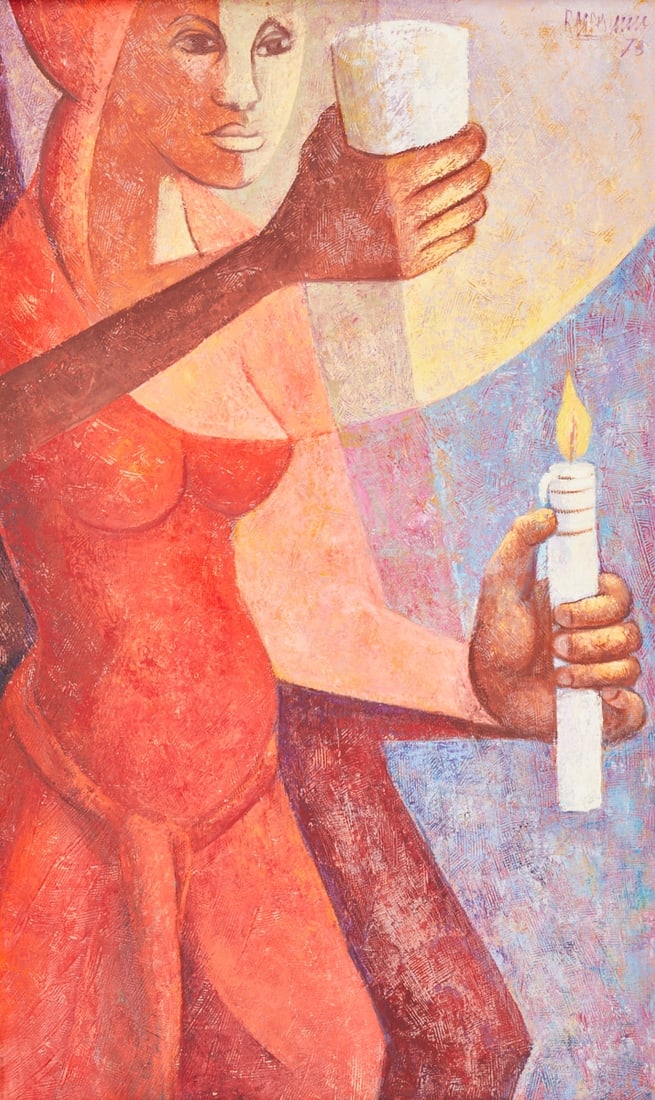 DESRUISSEAU: Rose-Marie Desruisseau 1933 Haiti - 1988 Haiti - Woman with Candle - (1973) Oil/canvas. 102 x 61 cm, 106 x 64.5 cm (dimensions with frame). Signed and dated upper right: RM Desruisseau / (19)73.