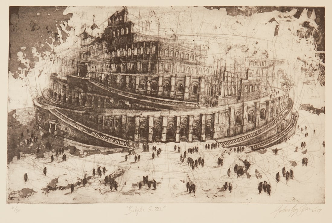 Gustavo D?­az Sosa: Gustavo Díaz Sosa 1983 Sagua la Grande - lives and works in Madrid - "Babylon S. XXI" - Etching/paper. 6/30. 35.5 x 57.8 cm, 56.3 x 75 cm. Signed and dated lower right: Gustavo D&iacu