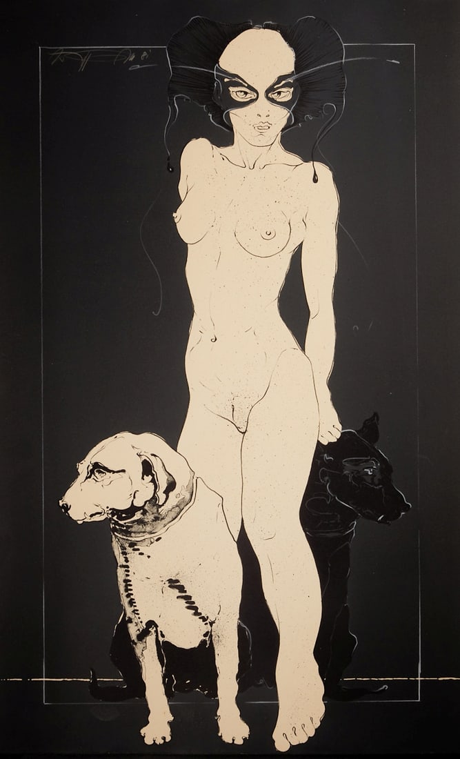W. P. Eberhard Eggers: W. P. Eberhard Eggers 1939 Hanover - 2004 Hanover - Female Nude with Dogs - (1981) Color lithograph/paper. 61 x 38.5 cm (sheet size), 78 x 54 cm (dimensions with frame). Signed and dated lower left: