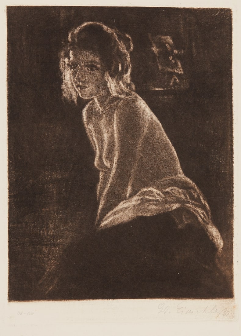 Eduard Einschlag: Eduard Einschlag 1879 Leipzig - 1945 Treblinka extermination camp - Female Nude - Etching/paper. 38/100. 28 x 20.3 cm, 44 x 32.4 cm. Signed lower right: Ed. Einschlag. The sheet is loose. Minimally fo