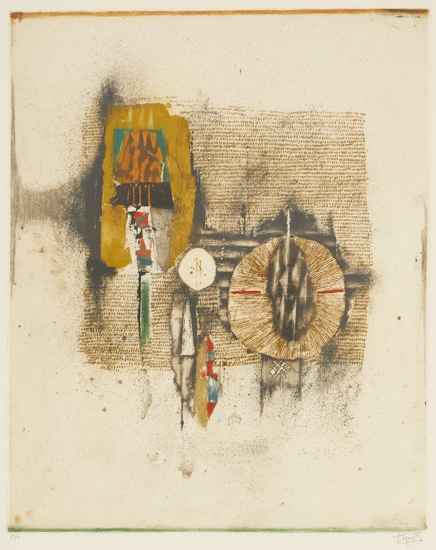 Johnny Friedlaender 1912 Pless - 1992: Johnny Friedlaender 1912 Pless - 1992 Paris - Composition - Colored aquatint etching/paper. E. A. 52.5 x 42 cm, 76 x 56.5 cm. 82 x 63 cm (dimensions with frame). Signed lower right: Friedlaender. Full