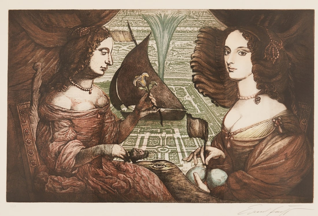 Ernst Fuchs: Ernst Fuchs 1930 Vienna - 2015 Vienna - Sophie-Charlotte of Hanover - Color etching/paper. 3/50. 43 x 68.5 cm, 49 x 72.5 cm (passe-partout opening), 71 x 94.4 cm (dimensions with frame). Signed lower 