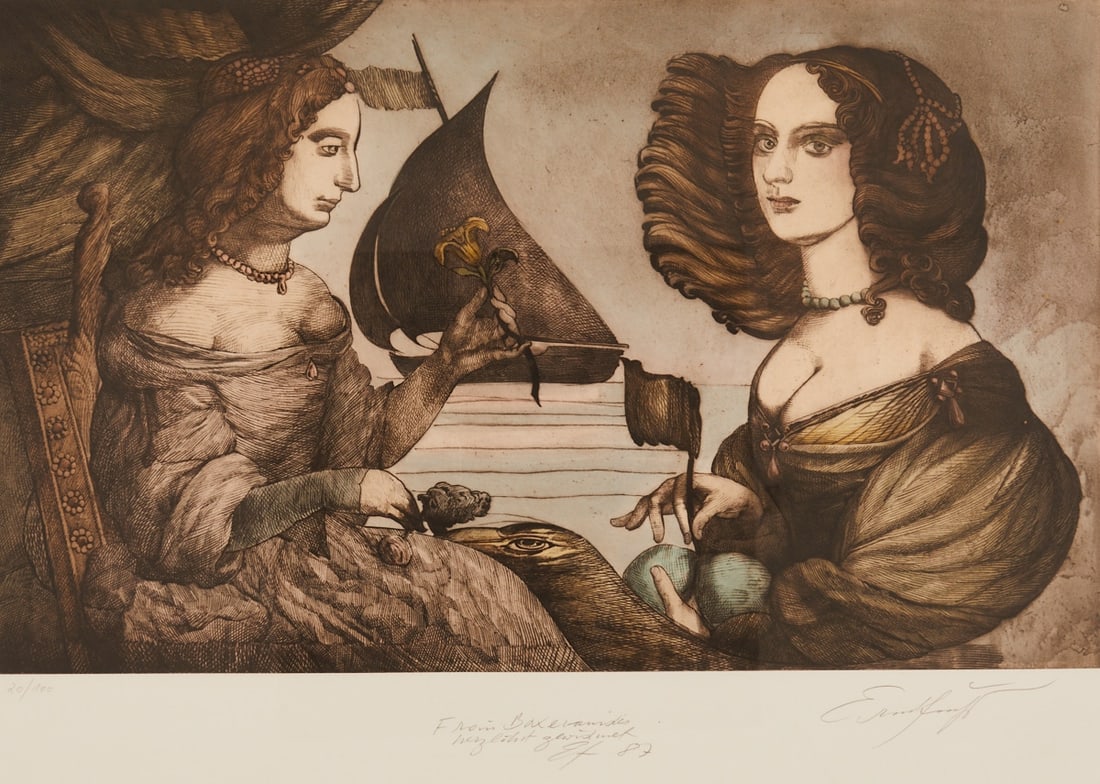 Ernst Fuchs: Ernst Fuchs 1930 Vienna - 2015 Vienna - Sophie-Charlotte of Hanover - (1987) Color etching/paper. 20/100. 42.5 x 70 cm, 63 x 89.5 cm, 71 x 97.5 cm (dimensions with frame). Signed lower right: Ernst
