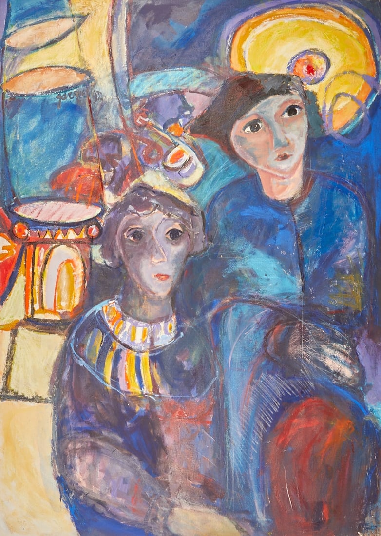 Maria Garnel: Maria Garnel Artist of the 20th century - At the fair - (1992) Oil/canvas. 136 x 97 cm. Signed and dated upper left: garnel (19)92. Signed and dated maria garnel 1992 on the reverse of the stretcher
