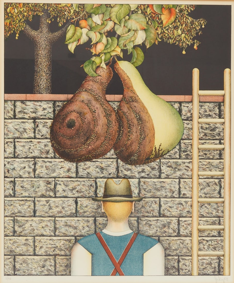 Fritz Genkinger: Fritz Genkinger 1934 Tübingen - 2017 Münsingen - Man in front of pear tree - Color lithograph/paper. 2/90. 60 x 50 cm, 63 x 52 cm (mat cut-out). 89 x 78 cm (dimensions with frame). Signed