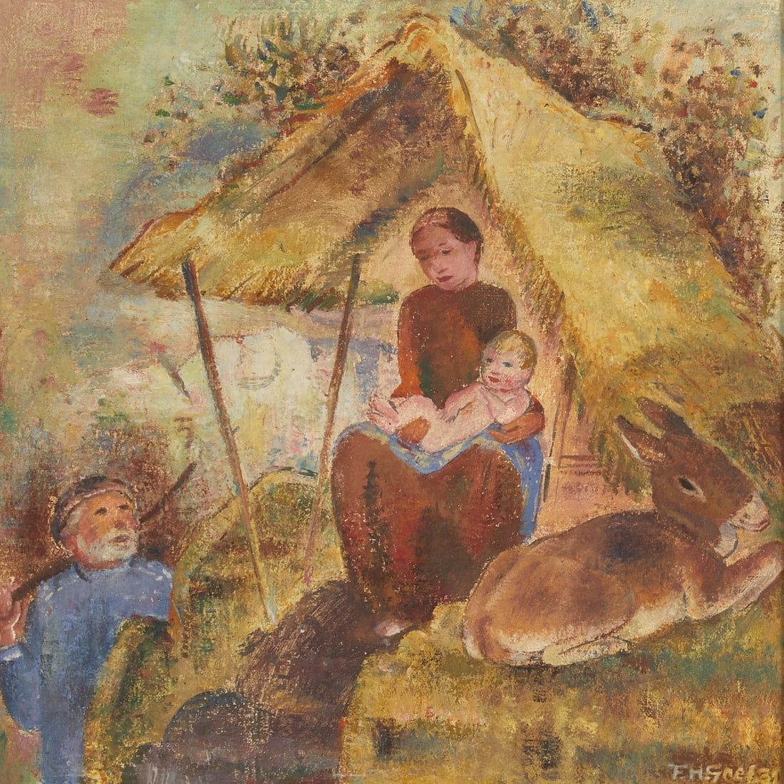 Franz Heinrich Gref: Franz Heinrich Gref 1872 Stühlingen - 1957 Weilimdorf - Shepherd Family (Holy Family) - Oil/canvas. 44.4 x 45 cm. 54 x 54 cm (dimensions with frame). Signed and dated lower right: F.H. Gref