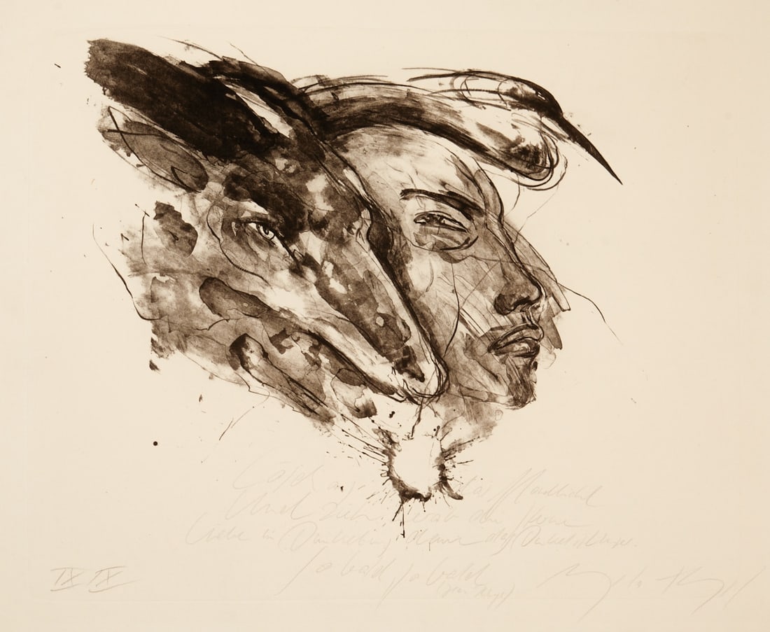 Angela Hampel: Angela Hampel 1956 Räckelwitz - Man and Raven - Lithograph/paper. E. A. 44 x 53 cm, 54 x 57 cm. Signed lower right: Angela Hampel. Passepartout. Attached at the top with adhesive tape to the pass