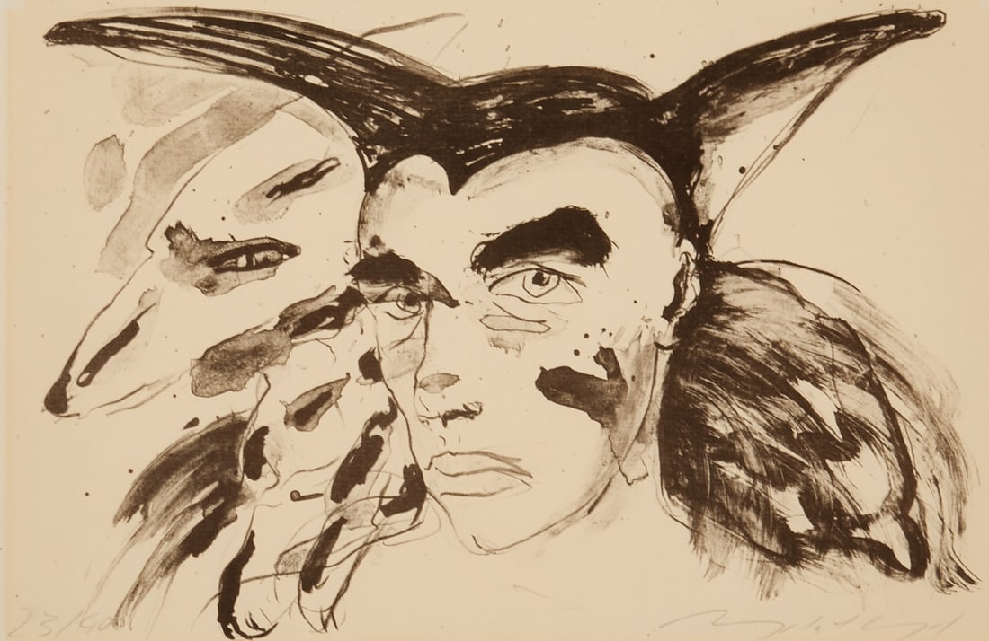 Angela Hampel: Angela Hampel 1956 Räckelwitz - Figure and Animal - Lithograph/paper. 23/40. 29.8 x 45.5 cm (print and sheet size). Signed lower right: Angela Hampel. The sheet is loose. Light-stained edge.