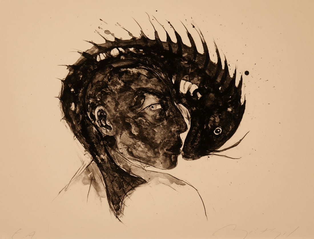 Angela Hampel: Angela Hampel 1956 Räckelwitz - Head and Animal - Lithograph/paper. E. A. 48.5 x 65 cm, 53 x 69.5 cm. Signed lower right: Angela Hampel. The sheet is loose. Scratches lower left.