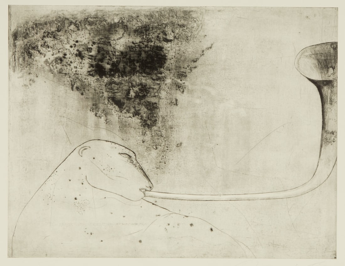 Angela Hampel: Angela Hampel 1956 Räckelwitz - Animal with Trumpet - Etching/paper. 2/5. 49.5 x 64.5 cm, 62.5 x 79 cm. Signed and dated lower right: Angela Hampel. The sheet is loose.