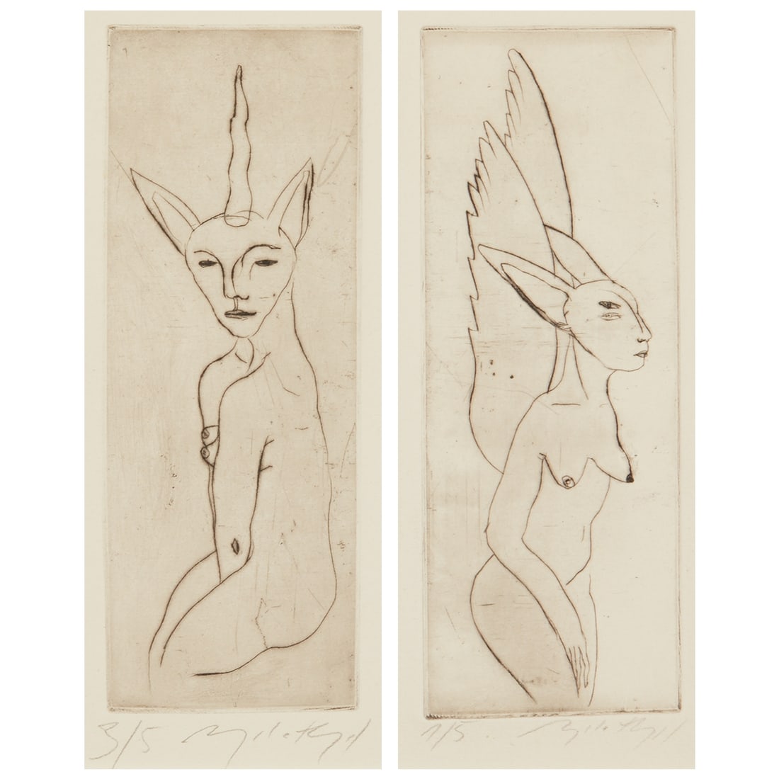 Angela Hampel: Angela Hampel 1956 Räckelwitz bundle - Unicorn woman - etching/paper. 3/5. 18.5 x 6.8 cm, 26.8 x 15.2 cm. Signed lower center: Angela Hampel. The sheet is loose. Mounted on backing board. Passe-p