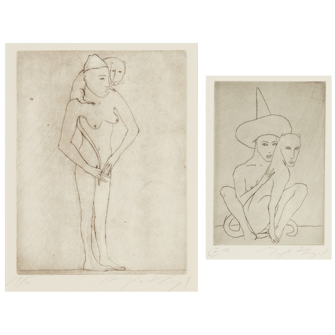 Angela Hampel: Angela Hampel 1956 Räckelwitz bundle - Two human-animals - etching/paper. E. A. 14.5 x 10 cm, 24 x 17 cm. Signed lower right: Angela Hampel. The sheet is loose. Passe-partout. - The beauty with t