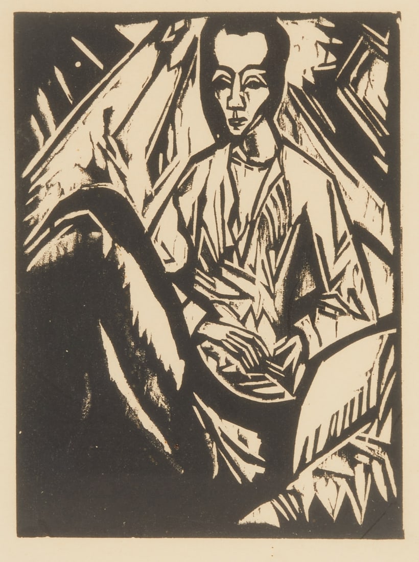 Erich Heckel: Erich Heckel 1883 Döbeln - 1970 Radolfzell - "Sick Girl (Young Man)" - (1913) Woodcut/paper. 19 x 14 cm, 21 x 16 cm (passe-partout cutout). 38 x 31 cm (dimensions with frame). Passe-par