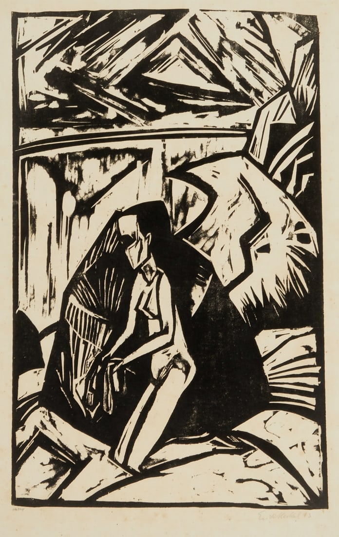 Erich Heckel: Erich Heckel 1883 Döbeln - 1970 Radolfzell - "Kneeling by the Stone" - (1913) Woodcut/paper. 50 x 32.1 cm, 62 x 48 cm. 84 x 68 cm (dimensions with frame). Signed and dated lower right: 