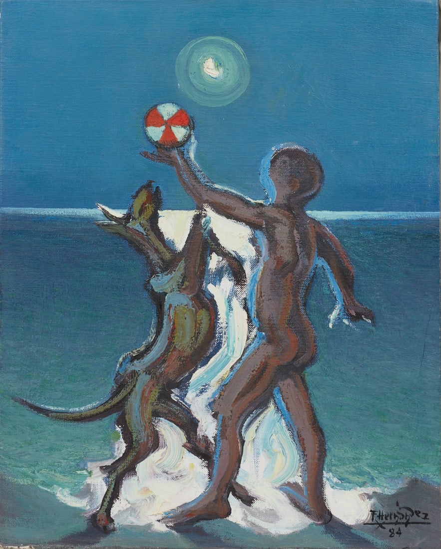 Francisco L??pez Hern??ndez: Francisco Hernández 1932 Madrid - 2012 Madrid - Beach scene - Oil/canvas. 50 x 40 cm. Signed and dated lower right: F. Hernández / (19)84. Signed on verso. Inscribed on gallery label (Ga