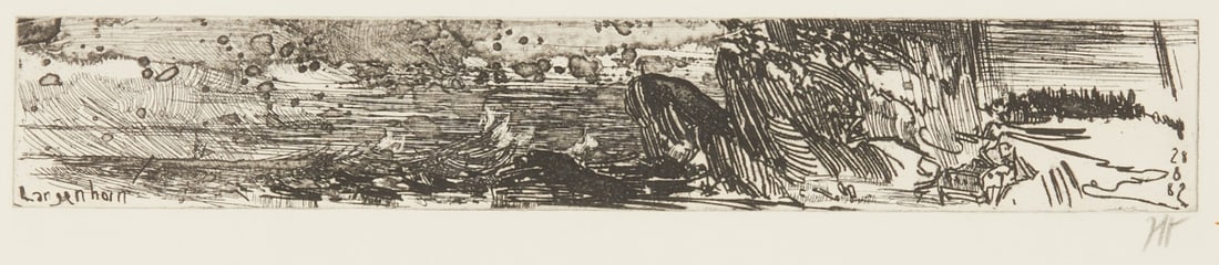 Horst Janssen: Horst Janssen 1929 Hamburg - 1995 Hamburg - "Landscape (Langenhorn)" - Etching/paper. 4.8 x 29.7 cm, 9.5 x 33.5 cm (mat cutout). 33 x 58 cm (dimensions with frame). Monogrammed lower right: 