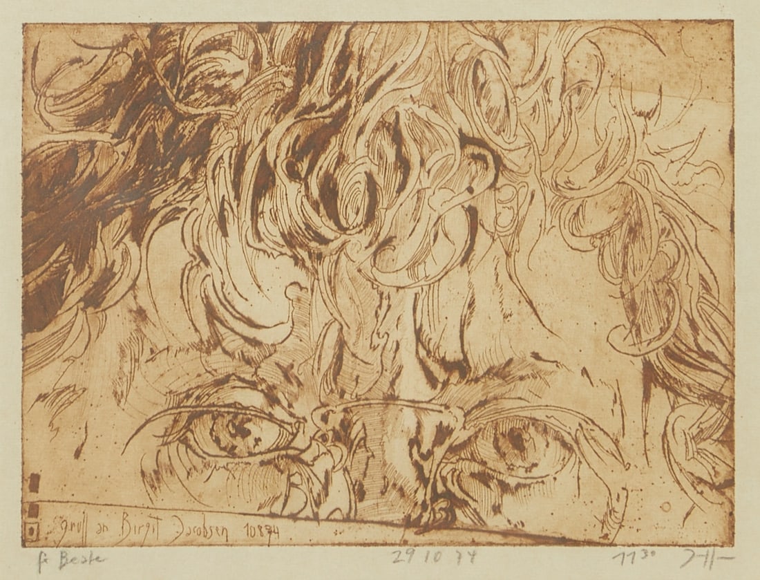 Horst Janssen: Horst Janssen 1929 Hamburg - 1995 Hamburg - "Greeting to Birgit Jacobsen" - Etching/paper. 16.3 x 22 cm, 18.5 x 24 cm (mat opening). 53 x 42 cm (framed size). Monogrammed lower right: HJ. Da