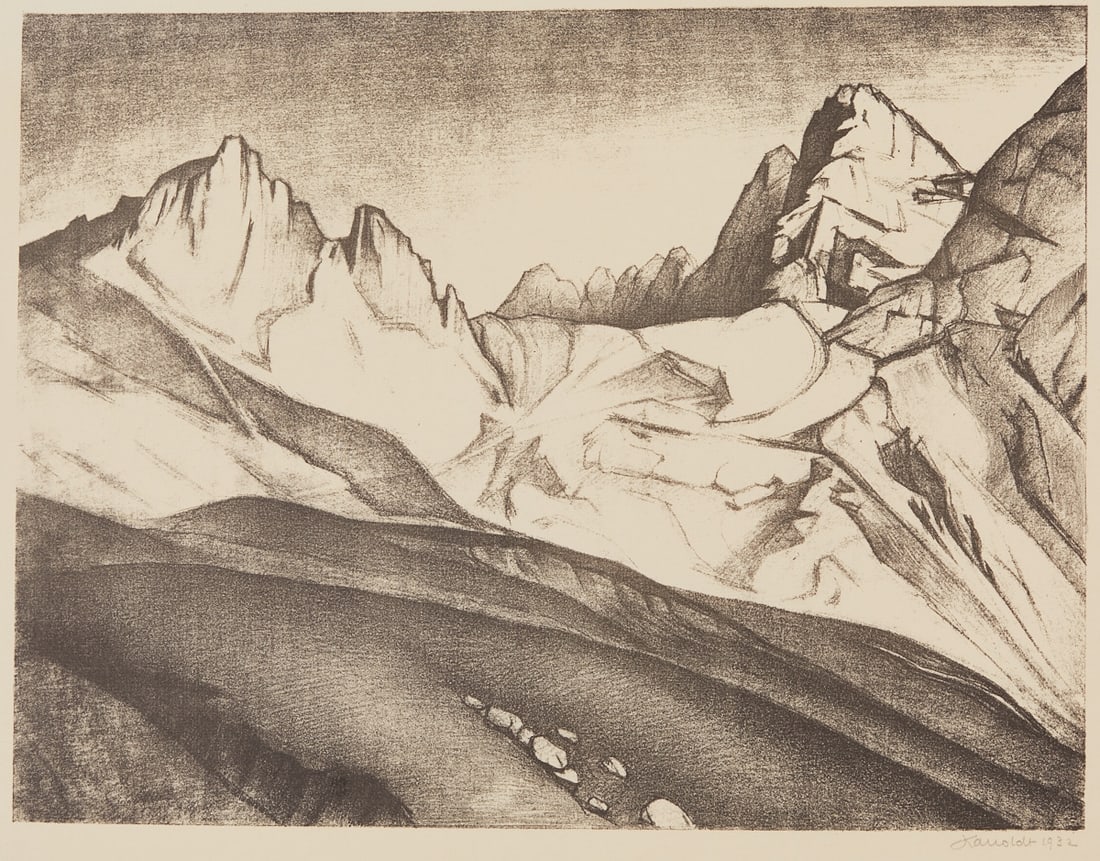 Alexander Kanoldt: Alexander Kanoldt 1881 Karlsruhe - 1939 Berlin - Mountainous Landscape - (1932) Lithograph/paper. 36.2 x 47.5 cm, 45.3 x 58.4 cm. Signed and dated lower right: Kanoldt 1932. The sheet is loose. Crease