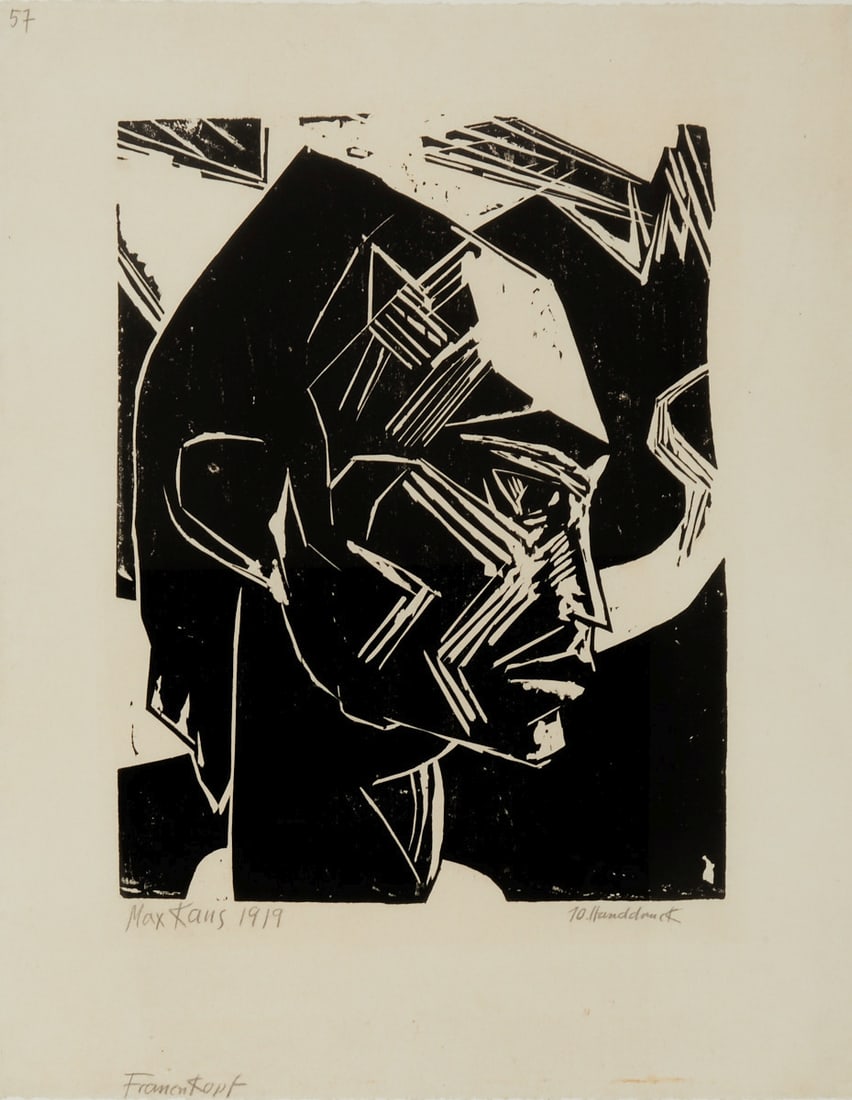 Max Kaus: Max Kaus 1891 Berlin - 1977 Berlin - "Woman's Head" - (1919) Woodcut/paper. 42 x 32.5 cm, 59 x 46.5 cm. 69 x 59 cm (dimensions with frame). Titled lower left: Frauenkopf. Signed and dated lo