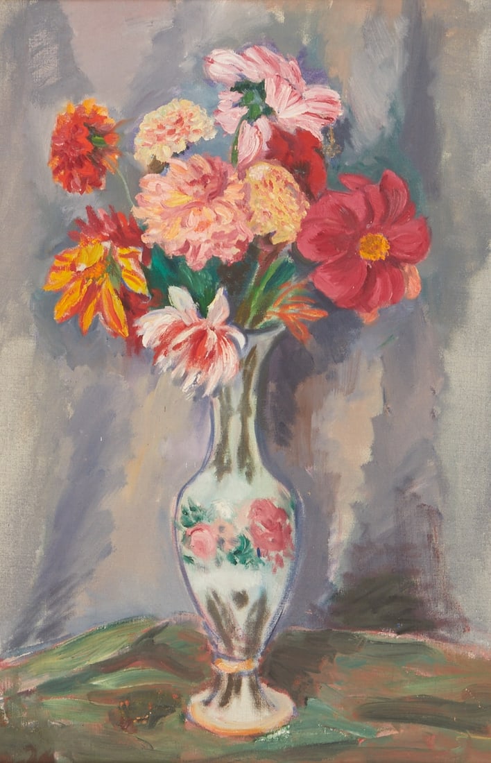 Paul Kayser: Paul Kayser 1869 Hamburg - 1942 Donaueschingen - Flower Still Life - Oil/canvas on cardboard. 58 x 39 cm. 68 x 49 cm (dimensions with frame). On the reverse of the frame, inscribed on a label: I hereb