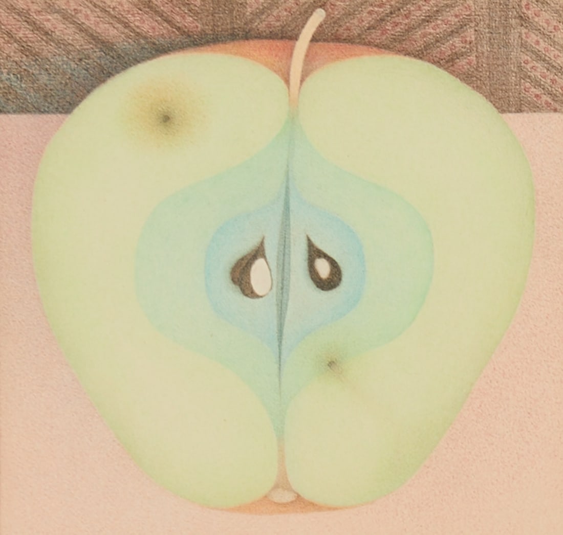 Siegfried Klapper: Siegfried Klapper 1918 Windhoek, Namibia - 2012 St. Christol - Half Apple on its Head - (1971) Watercolor and colored pencil/paper. 13 x 13.5 cm (passe-partout cutout), 35 x 36 cm (dimensions with