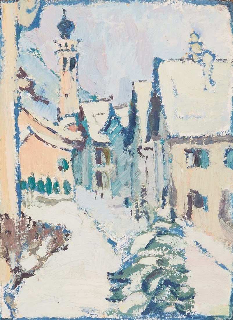 Minna K?¶hler-Roeber: Minna Köhler-Roeber 1883 Reichenbach - 1957 Friesen - Cityscape - oil/cardboard. 19 x 14 cm, 35 x 30 cm (dimensions with frame). Frame. On the reverse, inscribed on estate sticker: ESTATE / Minna