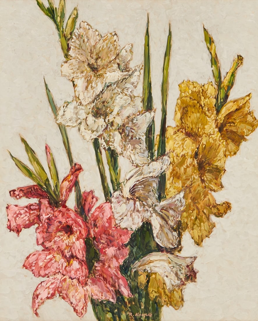 Robert Koepke: Robert Koepke 1893 Bremen - 1968 Frankenburg - Colorful Gladioli - oil/bristol board. 39 x 31.5 cm, 62 x 54.7 cm (dimensions with frame). Numbered on the reverse: 95 M / 249. Frame. - Lit.: Th.-B.