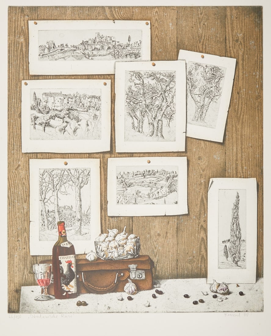 Diether Kressel: Diether Kressel 1925 Düsseldorf - 2015 Hamburg - "Italian Journey" - (1988) Color etching/paper. 66/150. 58 x 49 cm, 84 x 66 cm, 89 x 70.5 cm (dimensions with frame). Signed and dated l