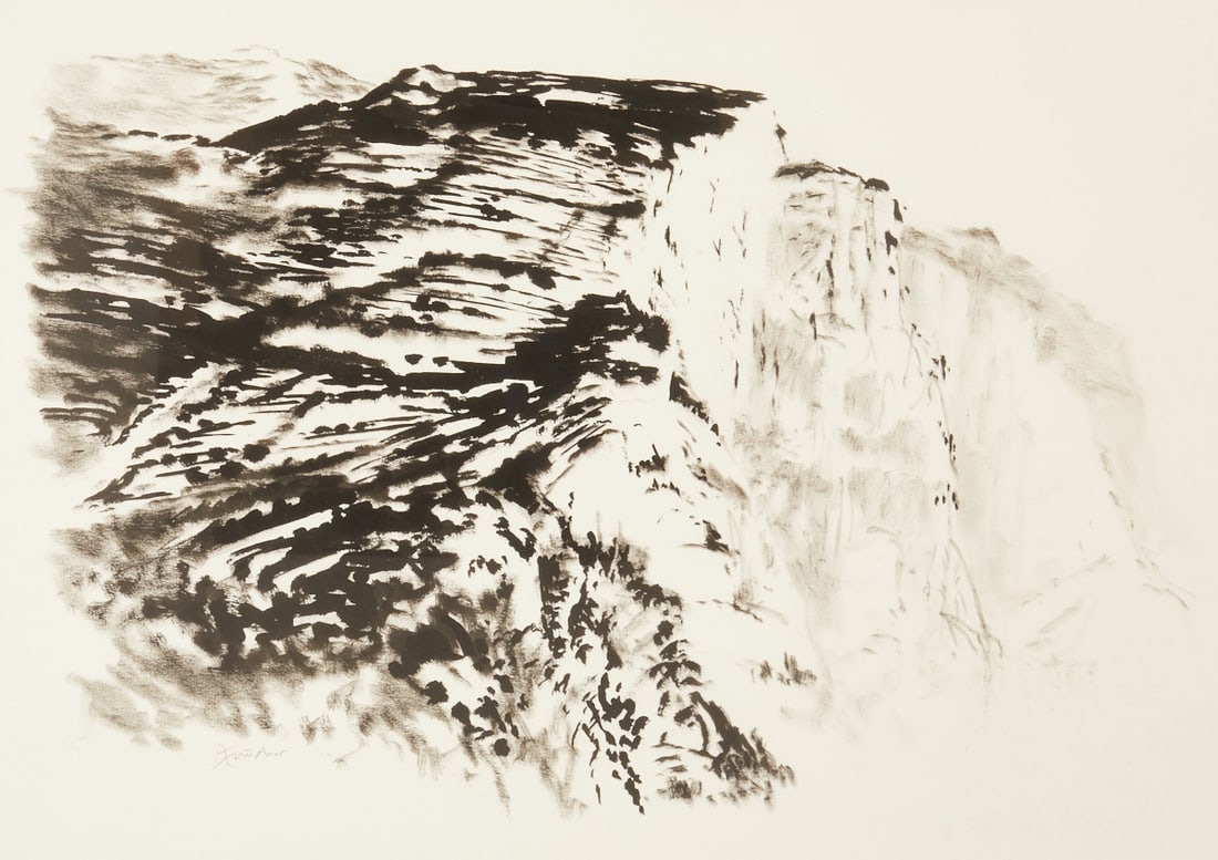 20th Century Artist: 20th Century Artist - "Trentino" - (1990) Ink/paper. 46 x 64 cm (mat cutout). 60 x 81 cm (dimensions with frame). Indistinctly signed lower left. Indistinctly signed, titled and dated on