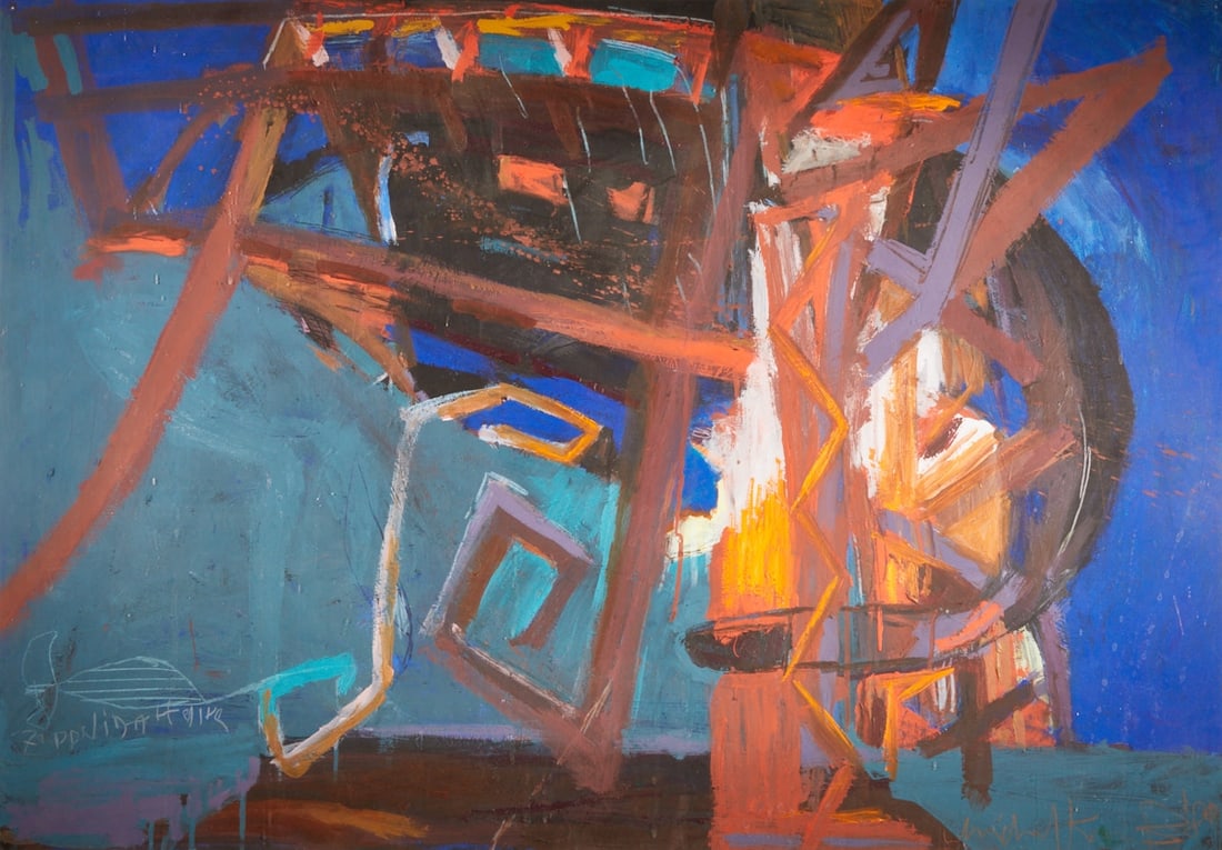 Michael Kunert: Michael Kunert 1954 Leipzig - "Zeppelin Affair" - (1980?) Acrylic and colored pencil/cardboard. 76 x 108 cm, 85.5 x 120.5 cm (dimensions with frame). Signed and dated lower right: Kunert