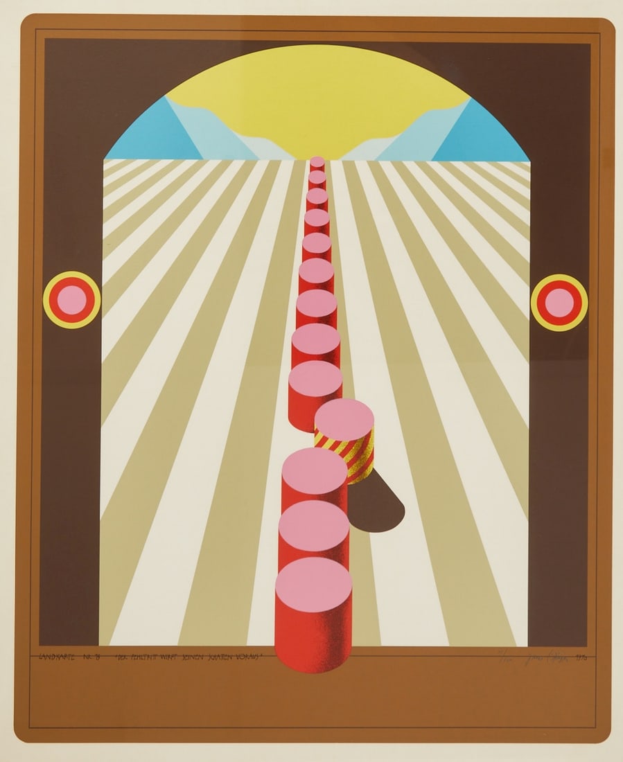 Jens Lausen 1937 Hamburg - 2017: Jens Lausen 1937 Hamburg - 2017 Hamburg - "Map No. 15" (The Misstep Casts Its Shadow) - (1970) Color serigraph/paper. 10/100. 61 x 50 cm, 75.5 x 56 cm (sheet size), 78.5 x 58.5 cm. Signed