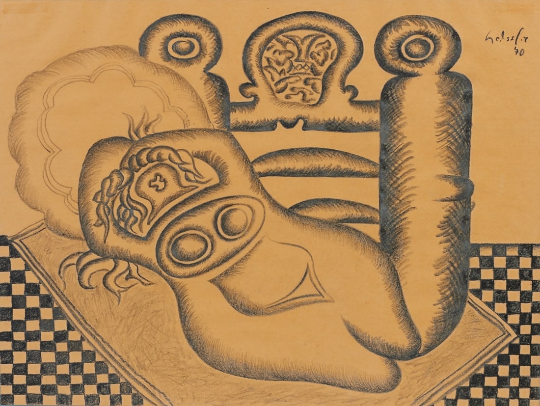 Arnold Leissler: Arnold Leissler 1939 Hanover - 2014 - Woman on a Divan - (1970) Color chalk/brownish paper. 45.8 x 61 cm. Signed and dated upper right: Leissler / (19)70. Framed under glass. - Lit.: Goertz,