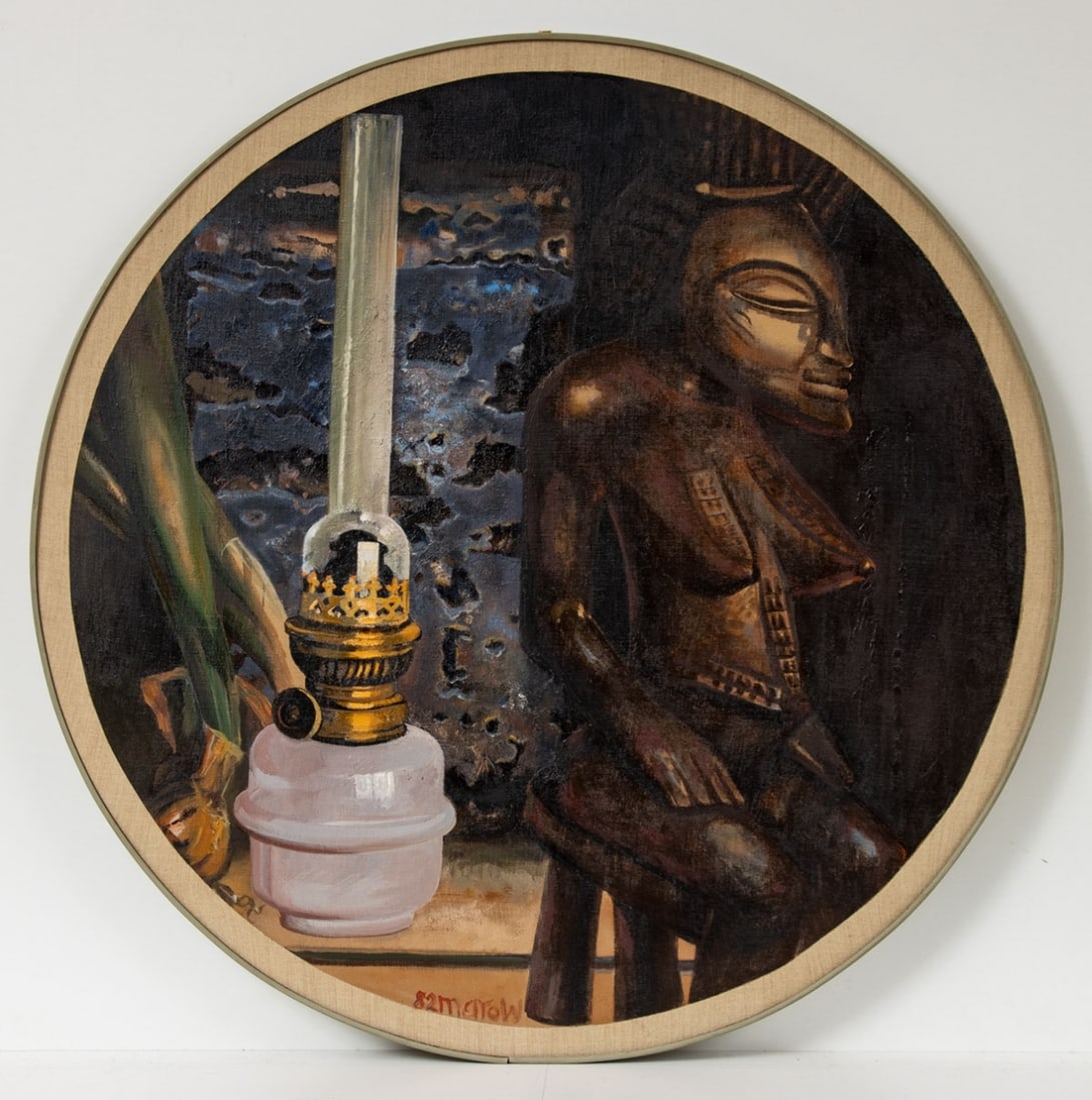 Ernst Marow: Ernst Marow 1934 Königsberg/Neumark - 2018 Kronshagen near Kiel - "Montjaux - Still life with oil lamp" - (1982) Oil/canvas on wood. 80 x 80 cm (round). Dated and signed lower center: