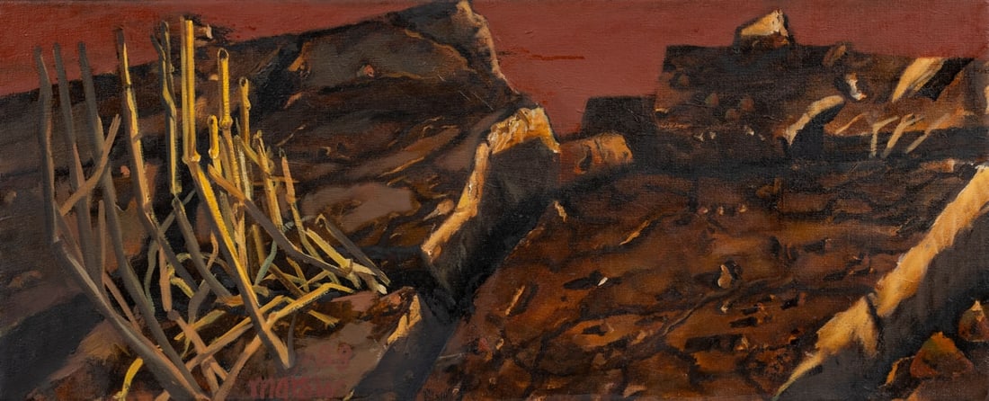Ernst Marow: Ernst Marow 1934 Königsberg/Neumark - 2018 Kronshagen near Kiel - "A Piece of Earth" - (1983 - 1988) Oil/canvas. 32 x 78 cm. Dated and signed lower center: (19)88 / marow. Titled and
