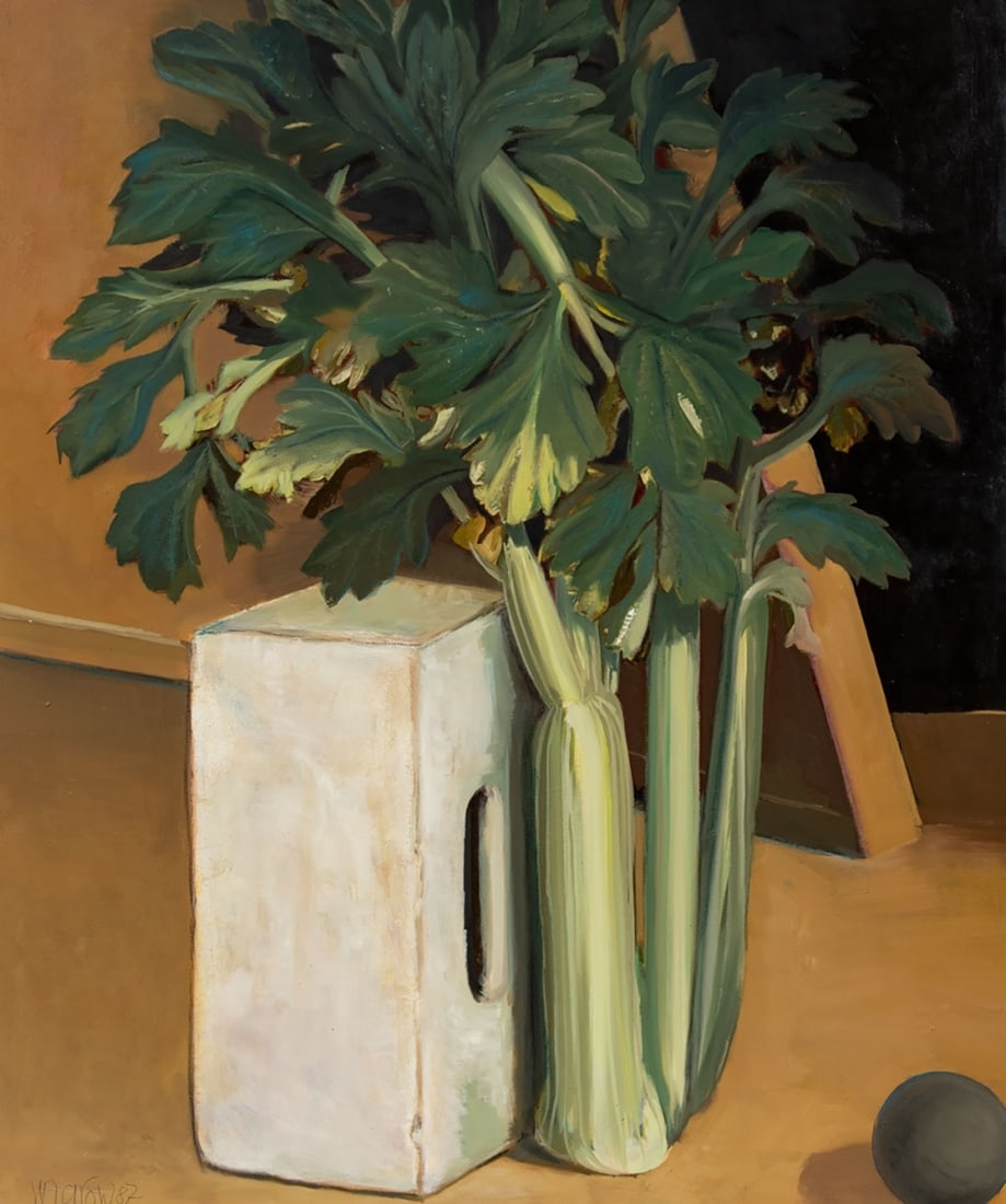 Ernst Marow: Ernst Marow 1934 Königsberg/Neumark - 2018 Kronshagen near Kiel - "Stone, Sphere, Plant" - (1987) Oil/canvas. 100 x 86 cm. Signed and dated lower left: marow (19)87. Titled and dated on