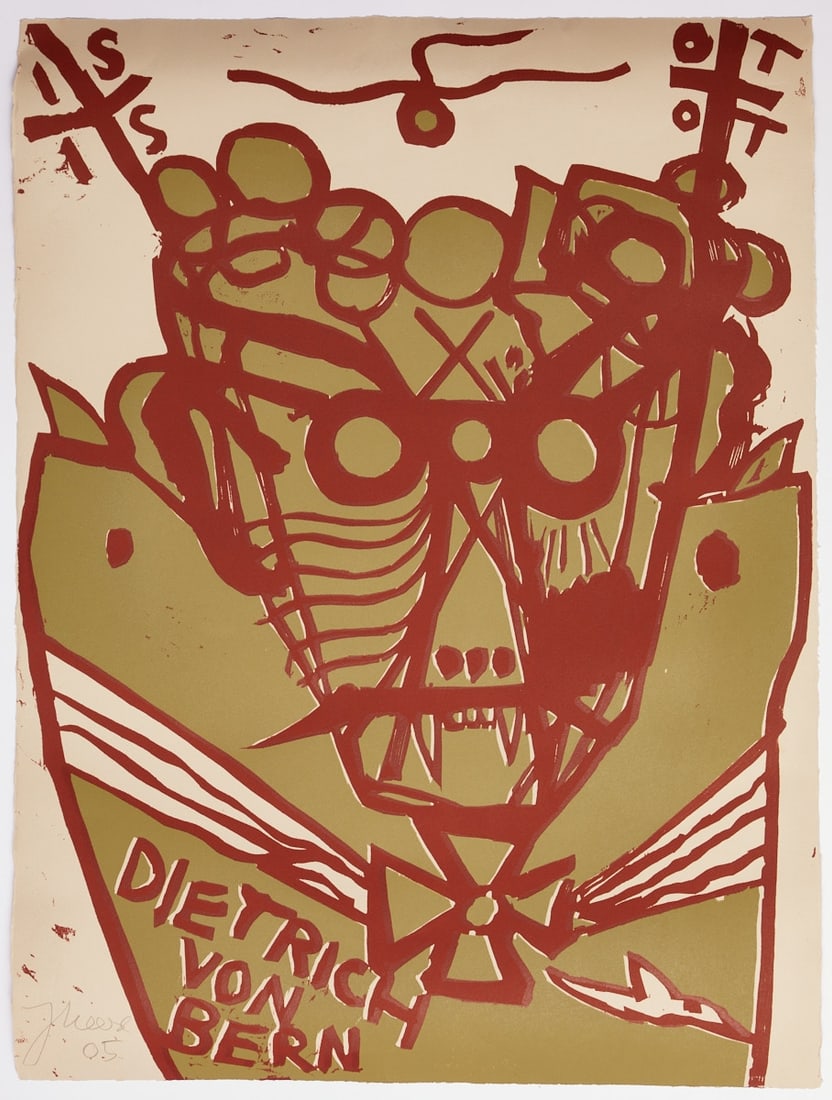 Jonathan Meese: Jonathan Meese 1970 Tokyo - lives and works in Ahrensburg and Berlin - "Dietrich von Bern" - (2005) Color woodcut/grey paper. 76 x 56 cm (print and sheet dimensions). Signed and dated lower
