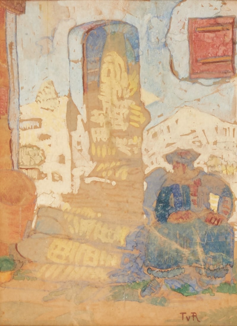 Monogrammist T v R: Monogrammist T v R - House entrance with sitting figure - watercolor/paper. 22.5 x 16.5 cm (passe-partout cutout). 62 x 51 cm (dimensions with frame). Monogrammed lower right: T v R. Passe-partout.