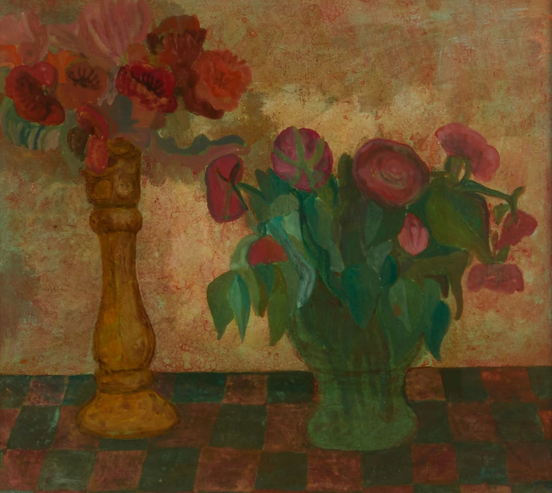 M??ller: Müller 20th century artist - Flower still life - Reverse glass painting. 30 x 34 cm. 43 x 46 cm (dimensions with frame). On the back of the frame with a personal dedication: for Jorg and Ingr /