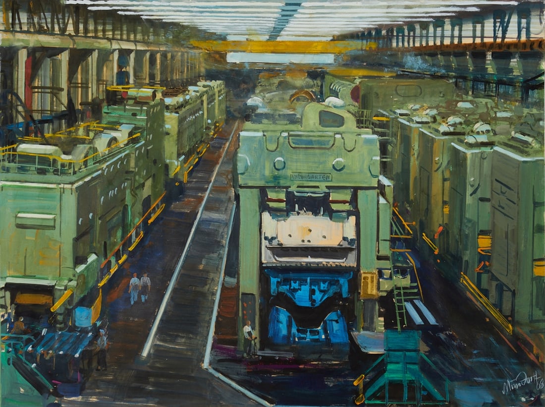 Victor Mundorff VW: Victor Mundorff 1897 - 1973 - The VW plant in Wolfsburg, Hall 2, Press shop - Gouache/paper. 53.5 x 70 cm. Signed and dated lower right: Mundorff / (19)68. The sheet is loose. Small tear (backed with