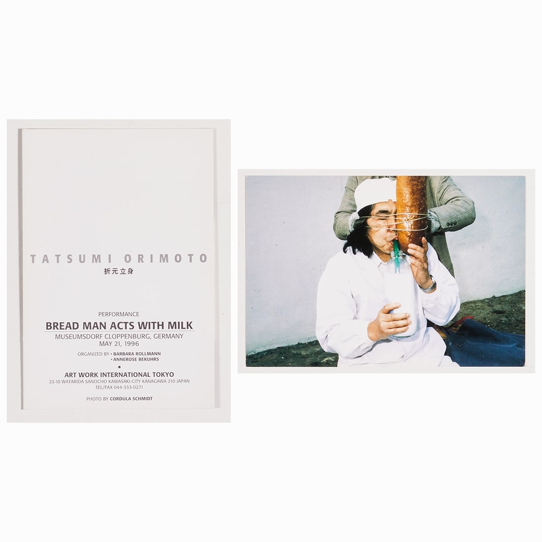 Tatsumi Orimoto: Tatsumi Orimoto 1946 Kawasaki - 2025 - Performance "Bread Man acts with Milk" - (1996) 22 color photographs (12.7 x 18.9 cm) and 1 invitation card (15 x 10.3 cm). Documentation of Orimoto's