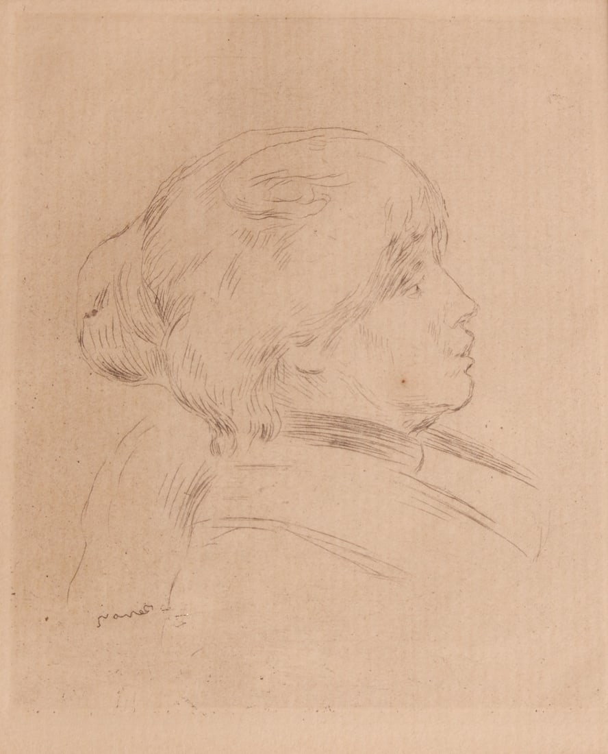 Pierre-Auguste Renoir: Pierre-Auguste Renoir 1841 Limoges - 1919 Cagnes - "Berthe Morisot" - (1892) Etching/paper. 11 x 9 cm, 12.5 x 10 cm (passe-partout cutout). 45 x 35 cm (size with frame). Passe-partout. Frame
