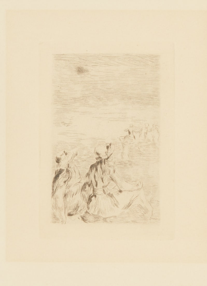 Pierre-Auguste Renoir: Pierre-Auguste Renoir 1841 Limoges - 1919 Cagnes - "Sur la plage, a Bernval" - (c. 1892) Etching/paper. 13.6 x 9.4 cm, 20 x 15 cm (passe-partout cutout). 46 x 36 cm (size with frame). Signed