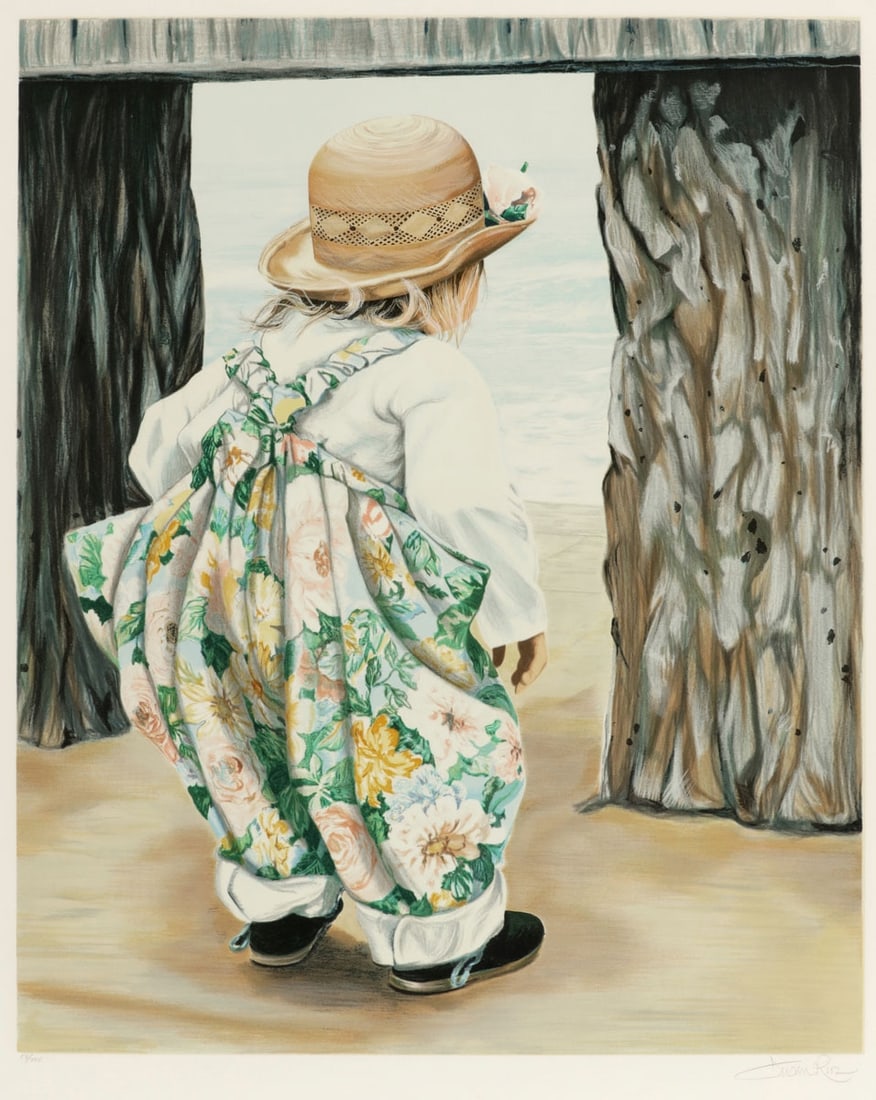 Susan Rios: Susan Rios 20th century artist - Girl with floral trousers - Color serigraph/paper. 58/295. 69 x 55.7 cm, 85 x 70 cm. Signed lower right: Susan Rios. Dry stamp lower left: MARTIN LAWRENCE LIMITED